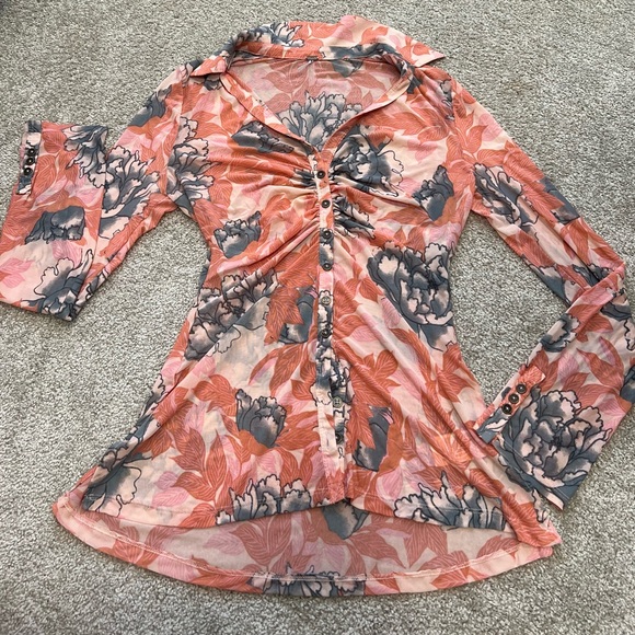 Free People Retro Bloom Long sleeve Y2K Mesh Lucky Shirt Button Front Sz. L - Picture 2 of 8